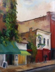 "East Village Rain (Cloister Cafe)" by Patricia MelvinOil on LinenDimension: 18" x 24"NFS