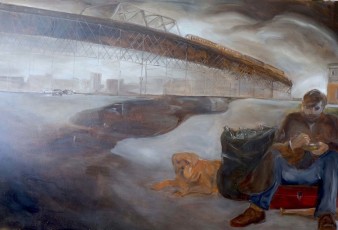 "Man, Dog, Train, Bridge" by Lindley FarleyOil on CanvasPrice: $3,500